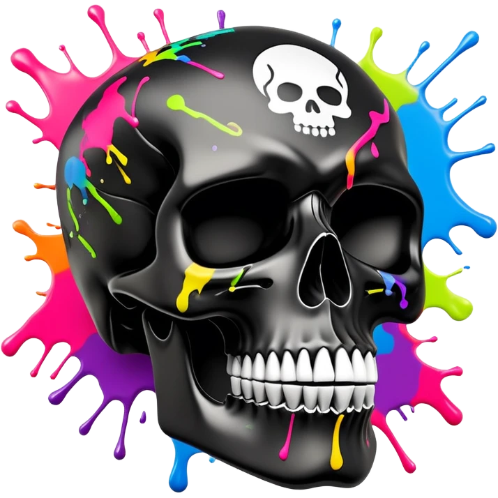 limited edition black skull with luxury haute couture logo patterns, perfectly contained neon paint splatters, museum-quality graffiti art detail, dramatic angle view emoji