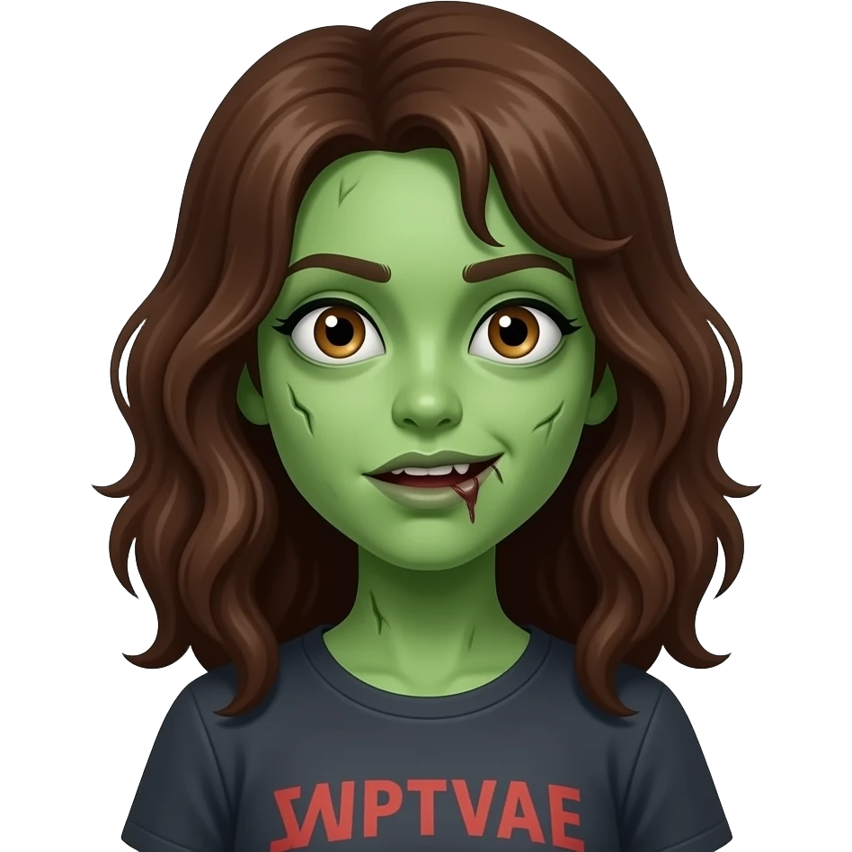 uma me menina zumbi com cabelo marrom ondulado e pele verde emoji