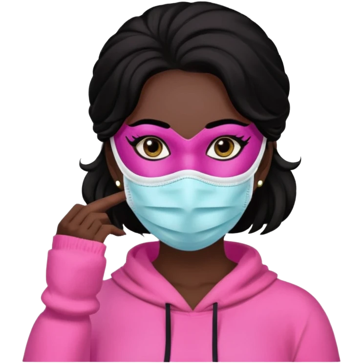 Mujer con mascarilla y un conjunto rosado,dando vibras super bonitas,morena con cabello negro emoji
