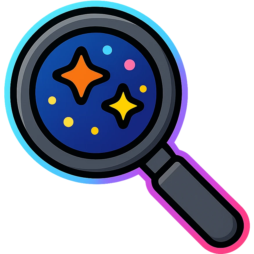 magnifying glass search symbol, dark metal frame with subtle glow, lens with bright colorful star field, neon glow border emoji