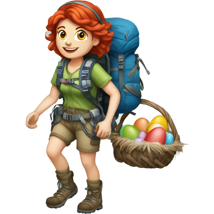Female mountain climber red hair climbing, Greek flag on backpack and holding Easter eggs basket emoji