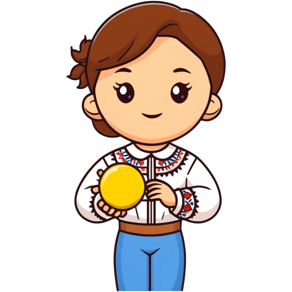 Young Ukrainian girl with brown hair wearing a white traditional embroidered shirt holding the sun in her hand emoji