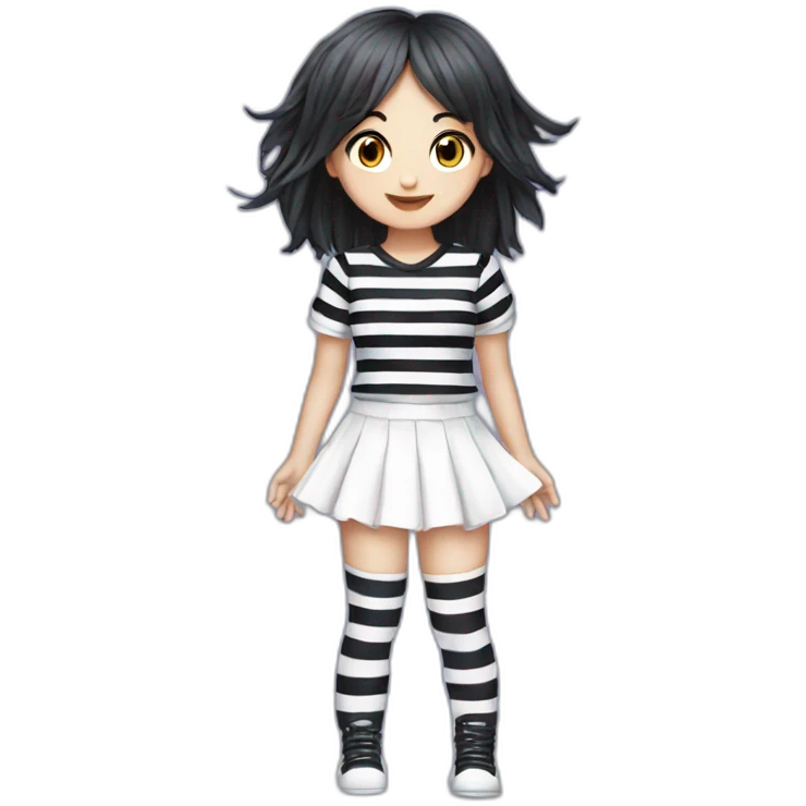 Frontal view curvy emo girl sits white skirt striped stockings hands up emoji