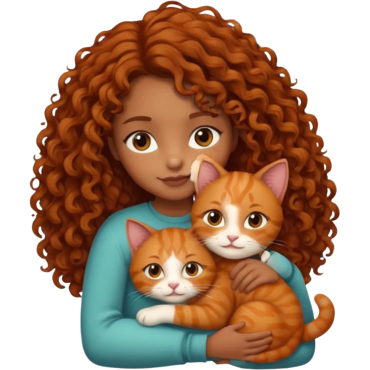 A girl with curly brown hair is hugging a ginger cat emoji
