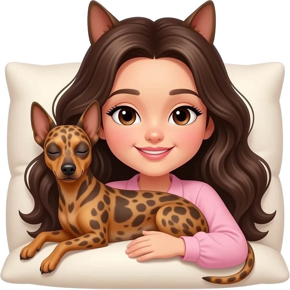 A girl with long, wavy dark brown hair, brown eyes, light to medium skin, long eyelashes, light pink lipstick, smiling, wearing a light pink blouse, sleeping with a brindle pinscher dog on a cozy cushion. emoji