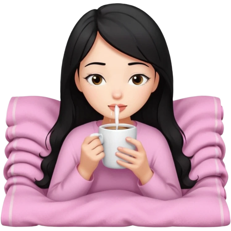 black haired girl inside a pink blanket sipping coffee with eyes closed and lashes emoji