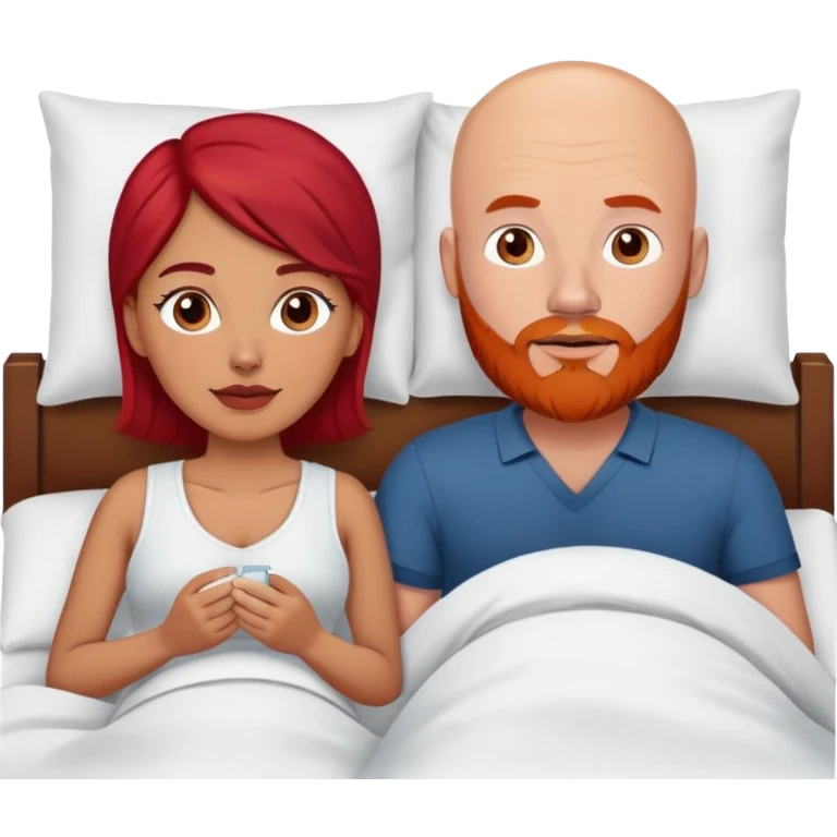 White Bald man with red beard and Hispanic woman with dark brown hair in bed emoji