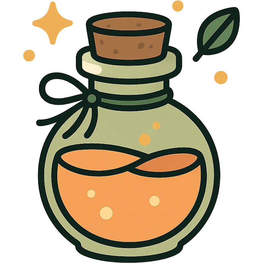 "A cute potion bottle with a whimsical and cozy design, featuring soft and warm colors: golden orange (FA9B41), deep forest green (4A7C5C), muted taupe brown (96775A), and pastel peach (FFCC9A). The bottle is small, round, and slightly vintage in style, with a cork stopper and a delicate ribbon tied around its neck. The potion inside glows faintly with a peachy-orange hue. Surroundings include soft lighting and a magical atmosphere, possibly with sparkles or tiny floating leaves, emphasizing a warm and enchanting mood. The style is charming, storybook-like, and detailed." emoji