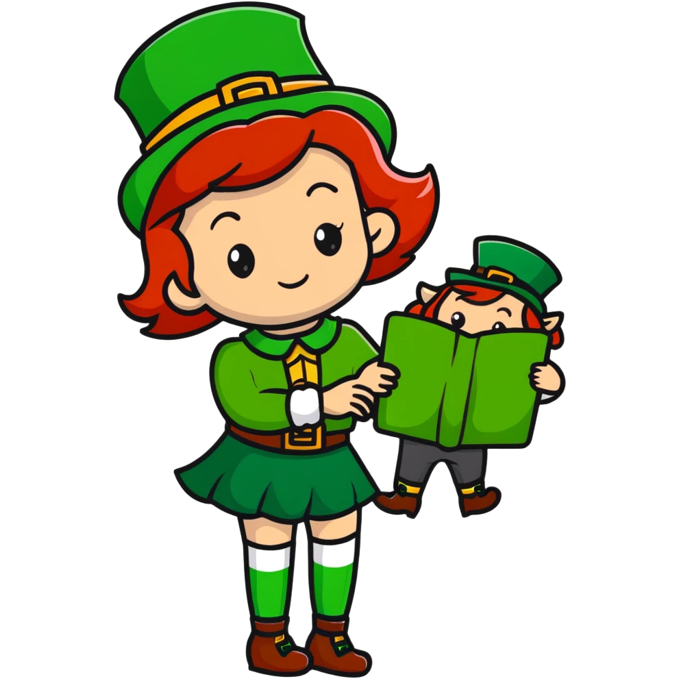 girl with red hair and brown eyes with a leprechaun emoji
