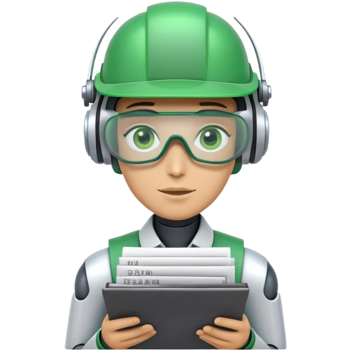 human like robot bookkeeper wearing an Green eyeshade dealer's visor  and holding spreadsheets emoji