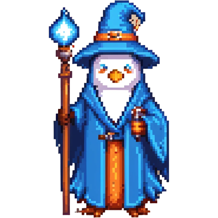 pixel art penguin wizard with a blue robe and staff emoji