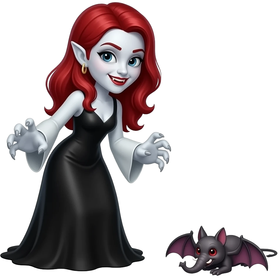 Vampiro femmina adolescente con la pelle bianca e i capelli rossi che indossa un vestito lungo nero e le maniche a zampa d' elefante e guarda il suo pipistrello che si rotola per terra è felice emoji