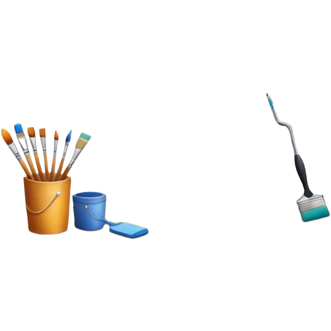 Create an icon that represents the hobby of wall painting, featuring a wall with a beautiful painting in progress. The design should include a paintbrush, a roller, and part of the wall decorated with colorful patterns or a mural. The icon should show the process of creating the artwork, with the brush strokes visible on the wall, symbolizing the artistic nature of the craft. The composition should be balanced and harmonious, evoking creativity and skill. The background should be transparent. emoji