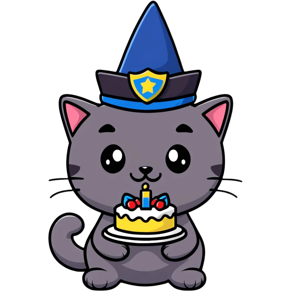black cat police chief celebrating birthday, wearing birthday hat, smiling, holding cake, cartoon style, suitable for emoji sticker emoji