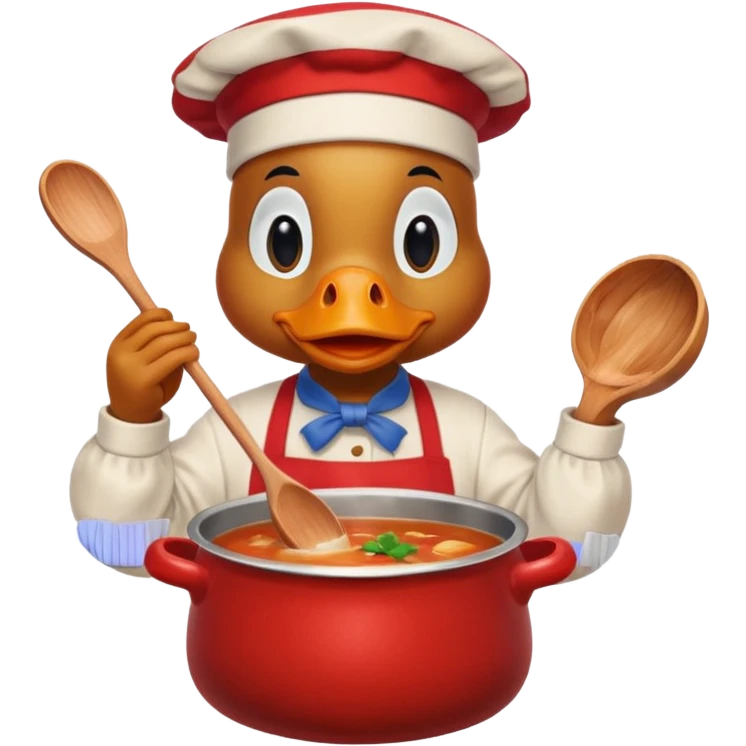 A duck wearing red apron stirring soup in a small pot, looking very focused. emoji