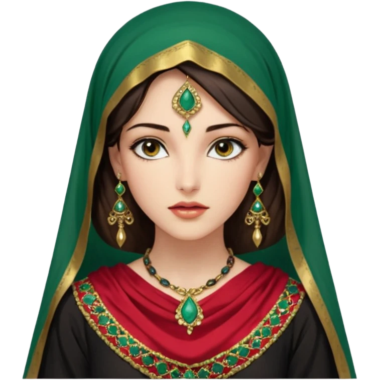 Mujer joven, morena, de gran belleza y porte misterioso.
 mirada intensa y fija; labios marcados.
 Negro, largo, suele ir cubierto parcialmente por un velo
 Ropa de inspiración árabe: túnica colorida (rojo, dorado, verde esmeralda), con detalles dorados o lentejuelas; brazaletes y pendientes. emoji