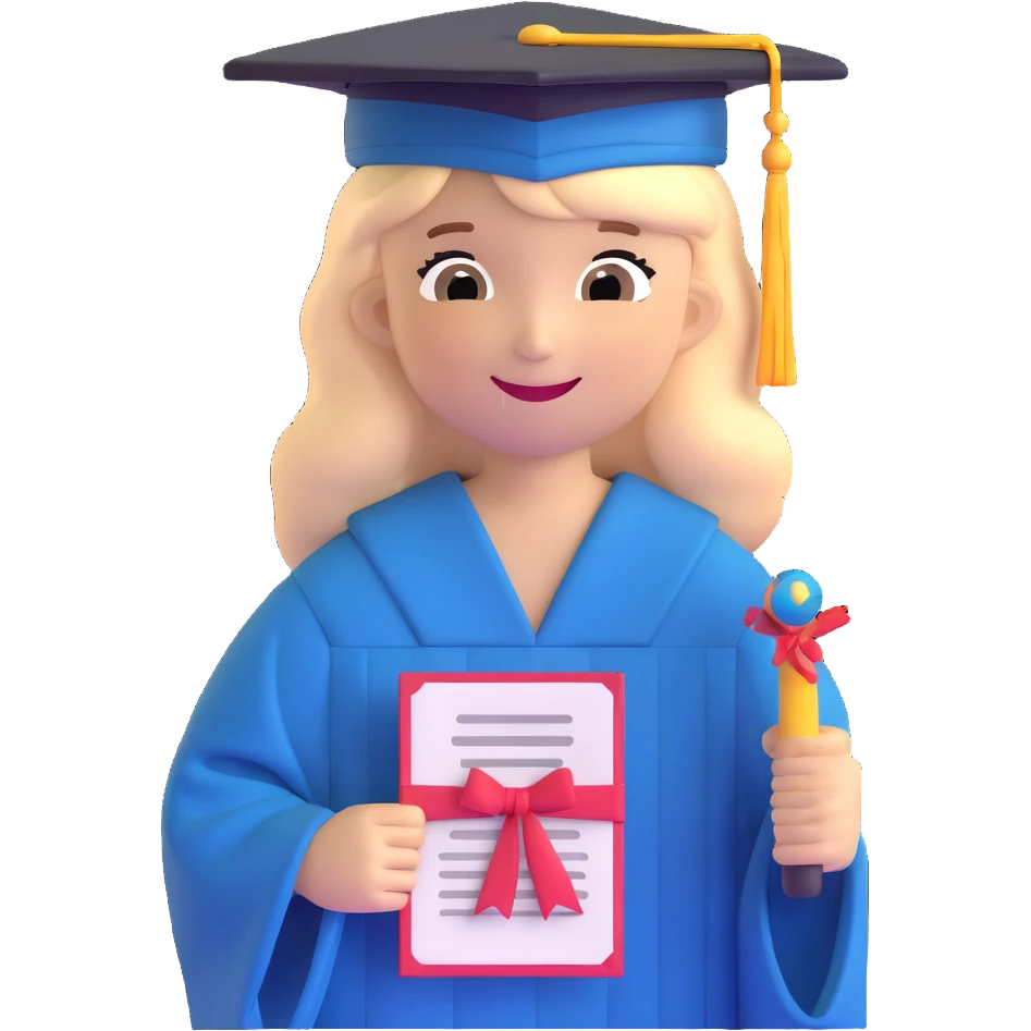 successful graduate student, cap and gown, holding diploma, cheerful emoji