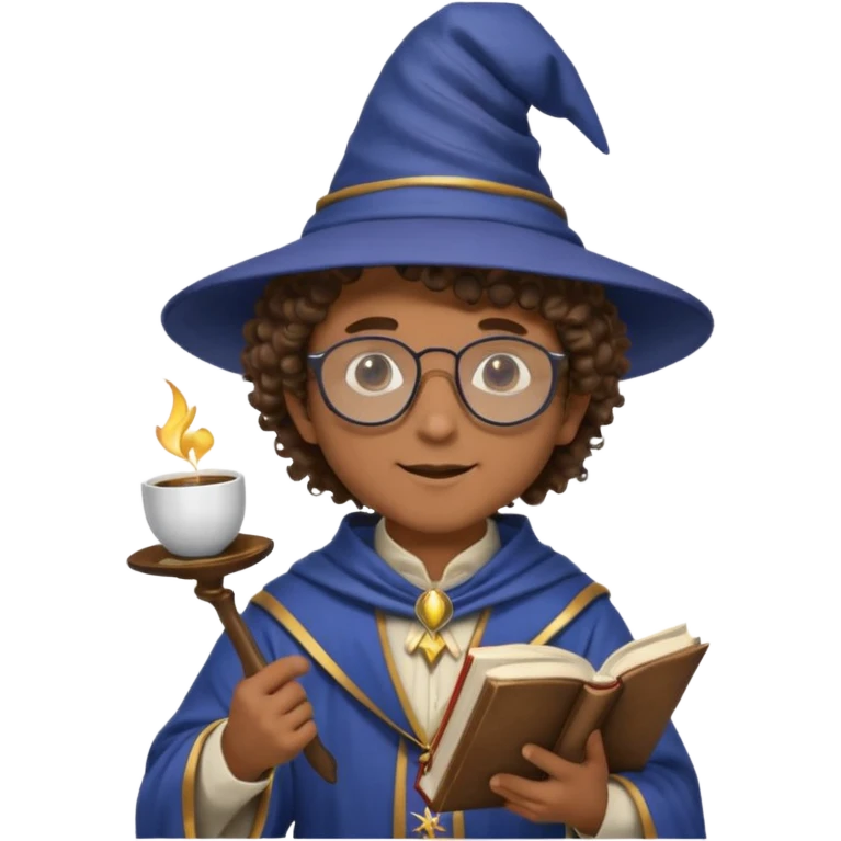 A Joyful Child Male with Brown skin and Curly hair, wearing a Traditional outfit, a Wizard hat, Sunglasses, carrying a Spellbook, working as a farmer, while drinking Coffee and reading a Textbook. emoji