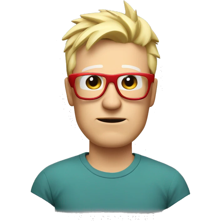 Nerdy middle aged white man with short blond spiky hair looking confused and wearing sunglasses and a red tee shirt holding an electronic tablet emoji