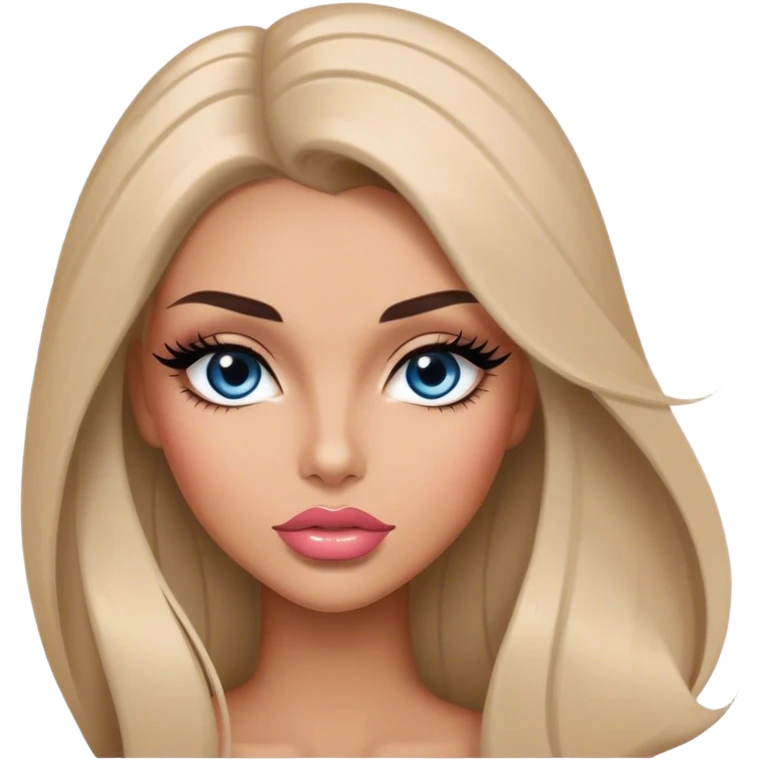 Glamours, tanned, very beautiful girl, with big pump peach-beige-rose lips, long long lashes, black straight smooth silky long hair, straight parting hair, blue-grey eyes emoji