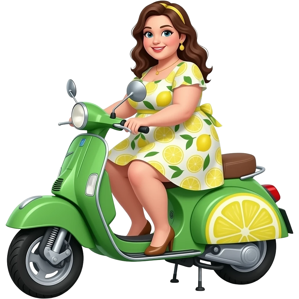 Mujer en vestido gorda morena en moto verde limon emoji