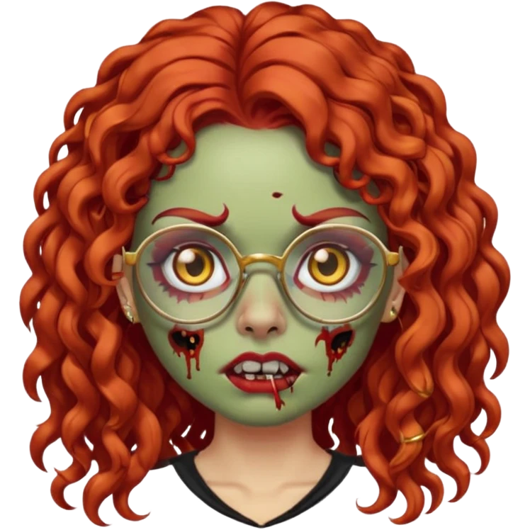 zombie girl emoji with long red curly hair, thick lashes, black glasses, gold nose piercings on each nostril, and a gold eyebrow piercing. emoji