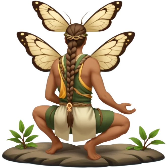 full body druid man, tan skin, long braid, from behind kneeling at lake edge, moths around shoulders emoji