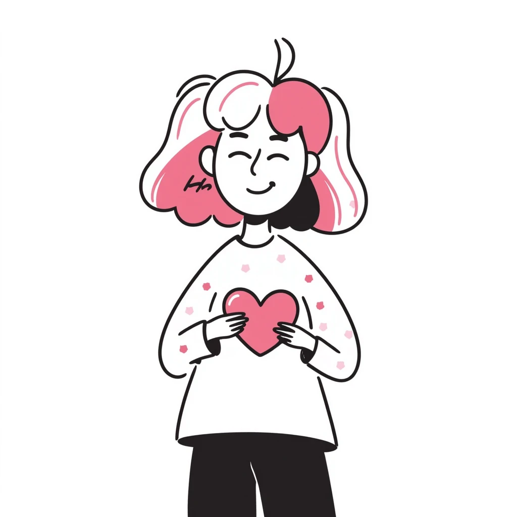 girl with pink and white hair, smiling, holding a heart, doodle style emoji