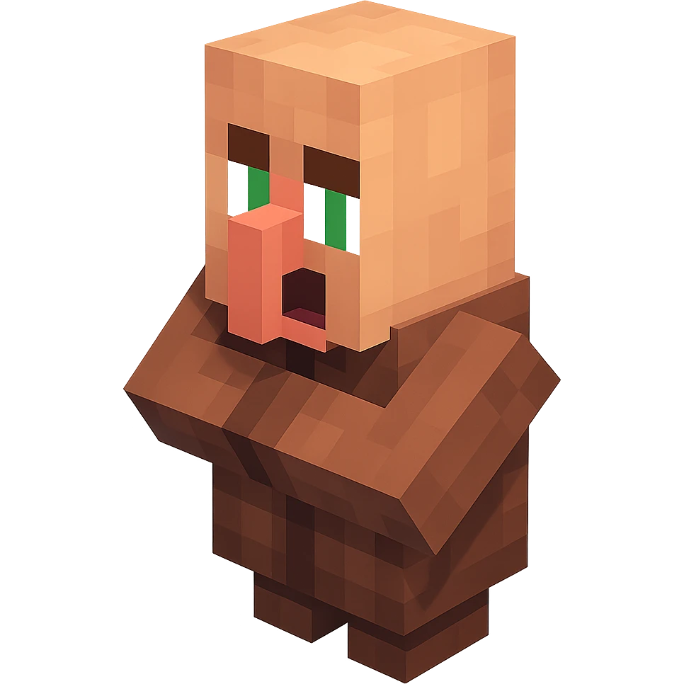 Minecraft villager, 3D blocky voxel style, brown robe, large nose, facing forward, surprised expression, classic Minecraft look emoji