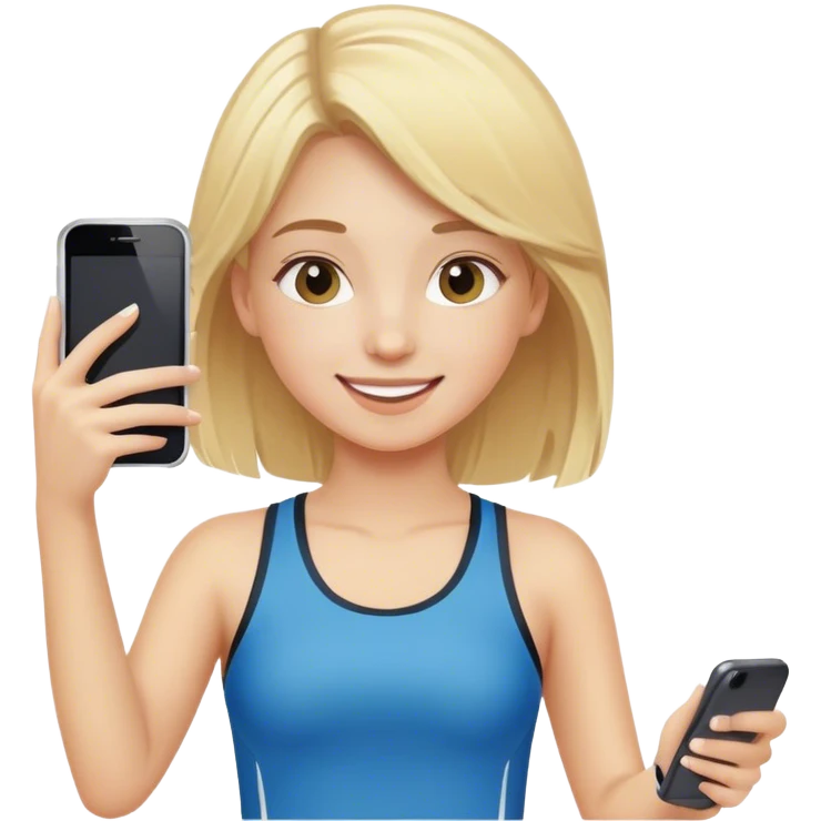 happy girl with blond hair and sports clothes take a photo with her phone emoji