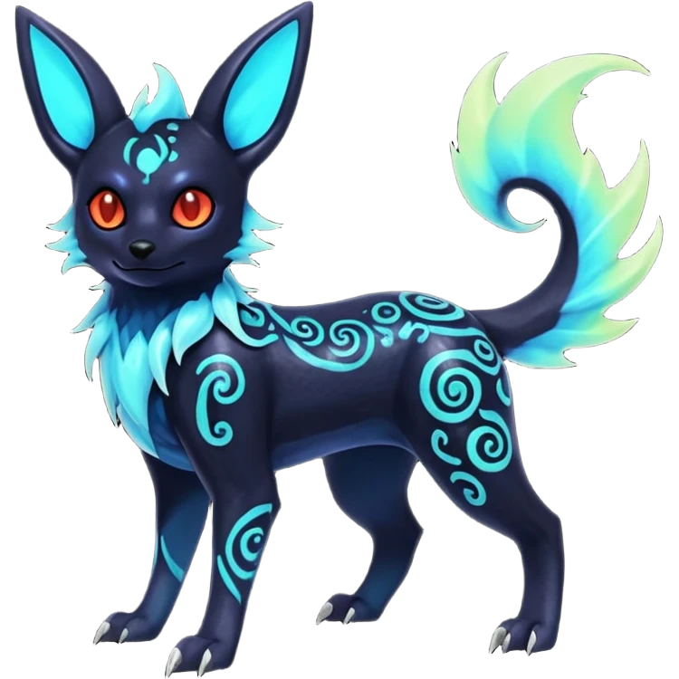 Shiny Fiery Dark Ugly Evil Realistic Glowing Eldritch Horror Cool Edgy Badass Emo Glorious Demonic Batty Punky Aural Iridescent Fluorescent Bioluminescent Umbreon-Amaura-Salandit-Litten-Flareon-Fakémon-fusion (full body) with intricate pattern markings emoji
