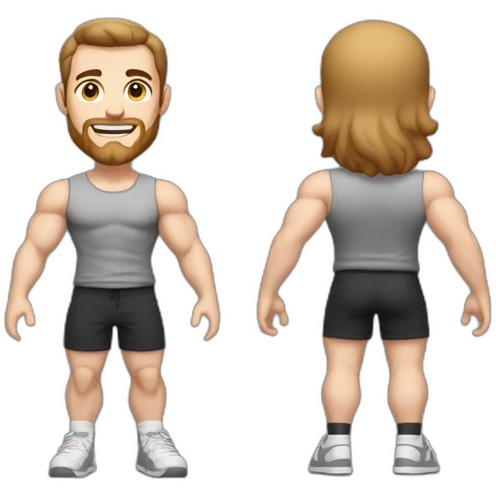 Full height Actively gesturing with hands Pale skinned Fit Man With the biceps and brown hair in dark gray Sleeveless Mike, black oversize sports shorts, watch and white Sneakers emoji