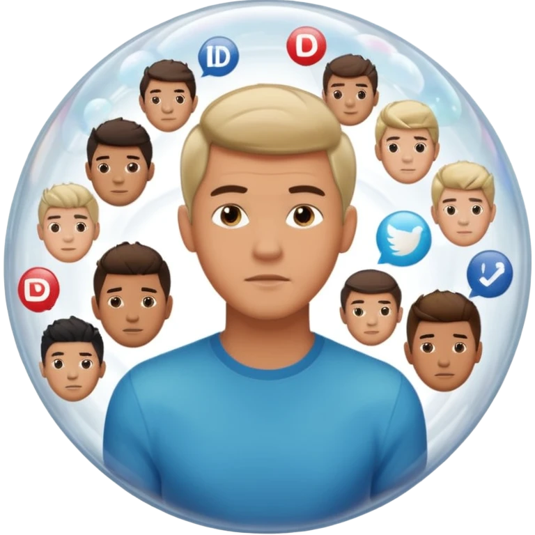 Emoji-style casually dressed man inside a clear bubble surrounded by repeating identical content icons. He can only see one direction, with other viewpoints outside the bubble blurred or muted. Clean-shaven, neutral background, soft lighting emoji