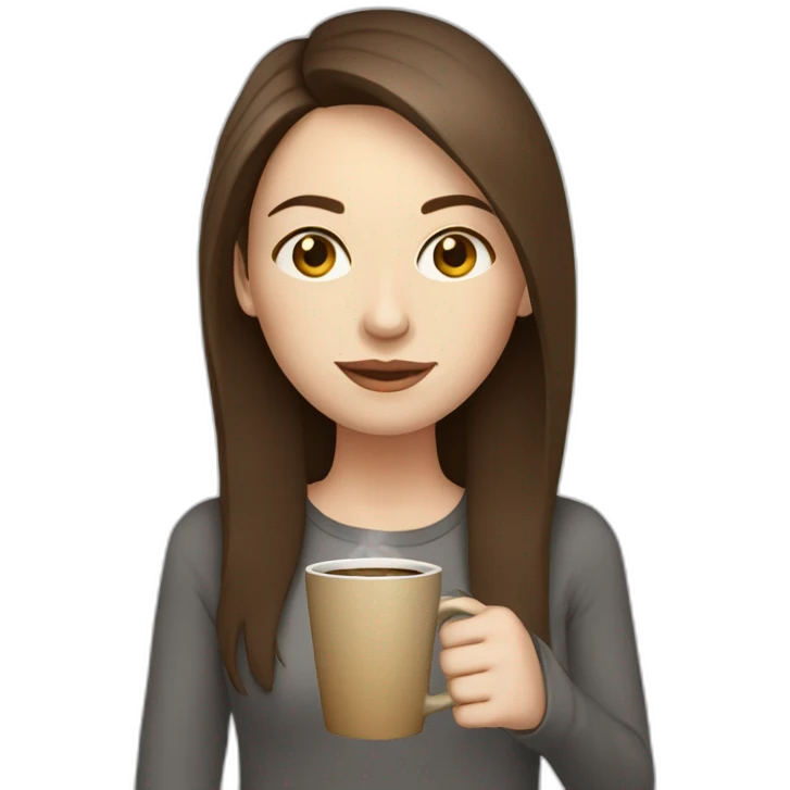 woman with long straight brown hair and pale skin carrying laptop and a coffee mug emoji