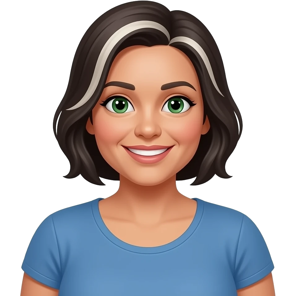 hispanic, female, green eyes, 180 pounds asimetrical short hair some white, always smiling, kind, around 45yr of age loves, blue, thin ayebrows, lips not full but not thin emoji