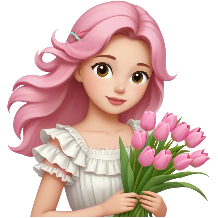  A girl with a half-up half-down hairstyle, and a white ruffled top, enjoying the spring breeze.Holding a bundle of pink tulips emoji