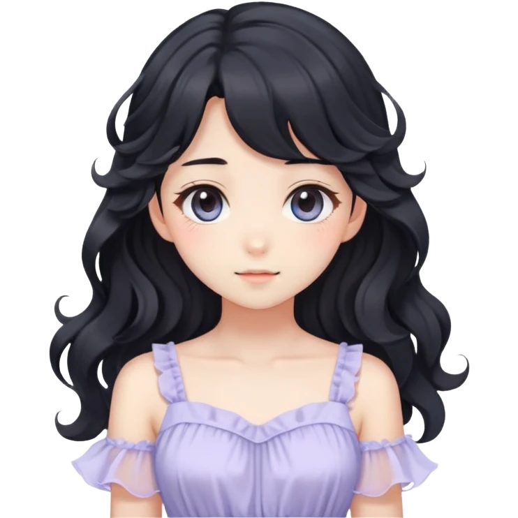 Pretty anime girl with flowing black wavy hair and a soft delicate pastel dress, kawaii style emoji