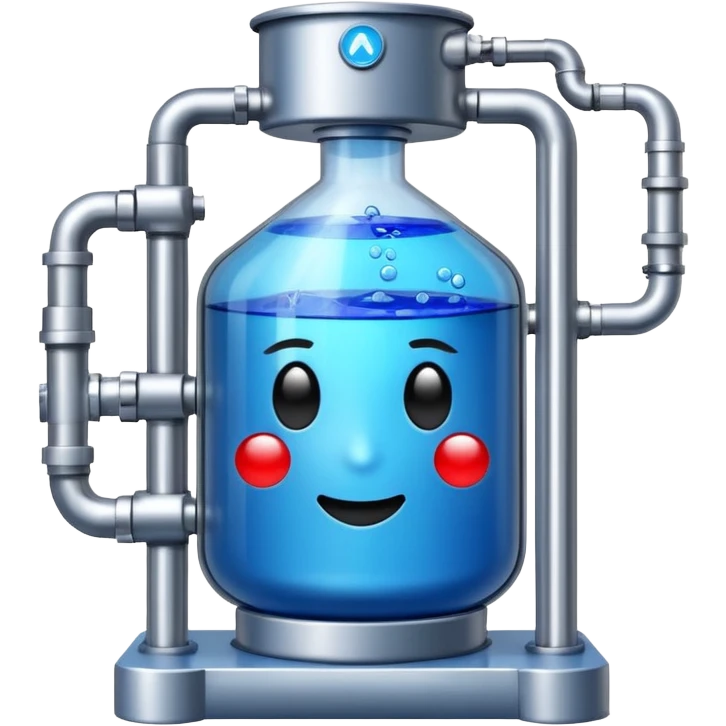 large 100L steel bioreactor with blue liquid visible inside, emoji style emoji