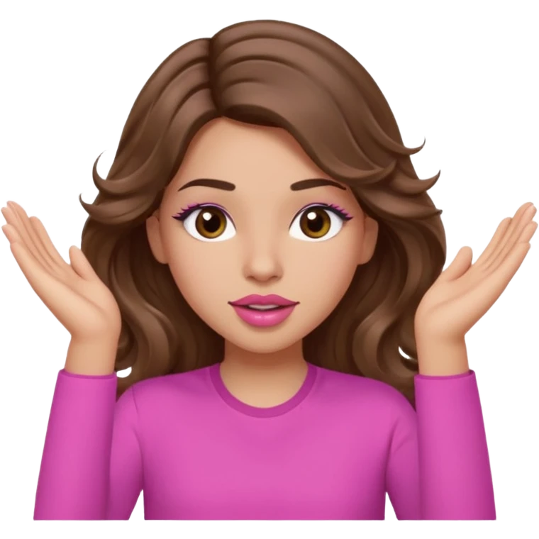 girl with long wavy brown hair, brown eyes, light to medium complexion, in a pink shirt, pink lips, long lashes, puckered lips, both hands in teh air emoji