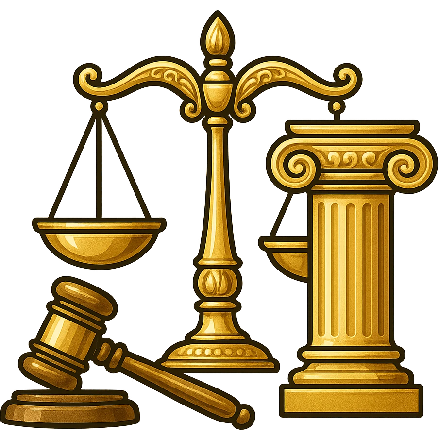 Vector illustration of a classic symbol of law (e.g. scales of justice, gavel, courthouse column), designed with elegant and refined lines. Include intricate golden detailing, soft gradients for a polished metallic look, and realistic shadows and highlights for depth. Style should be clean and professional, with a modern yet timeless feel. Transparent background emoji