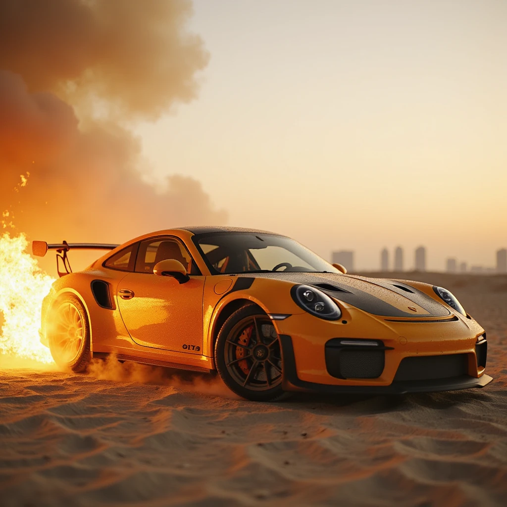 Cinematic shot, Porsche 911 gt3 rs in fire, desert, sunny day, dubai city in background emoji