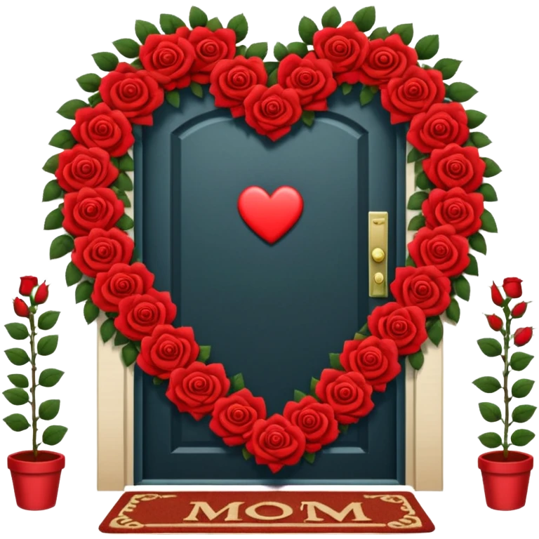 House door with heart-shaped wreath and welcome mat reading "Mom" emoji