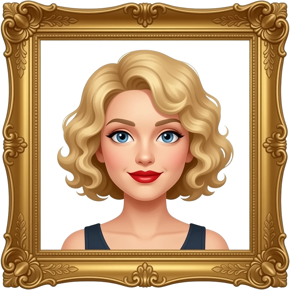 short blonde tight curly hair bob inside an antique frame in red lipstick emoji