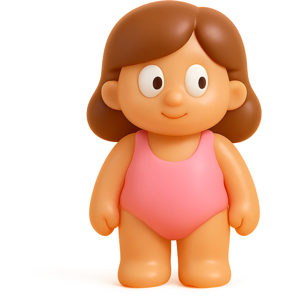 hyper-detailed retro 90's toy style semi-transparent soft plastic beach girl with derpy eyes natural colors tan skin brown hair pink swimsuit no tag no background soft reflections soft and squishy some cloudiness not shiny highly detailed appealing emoji