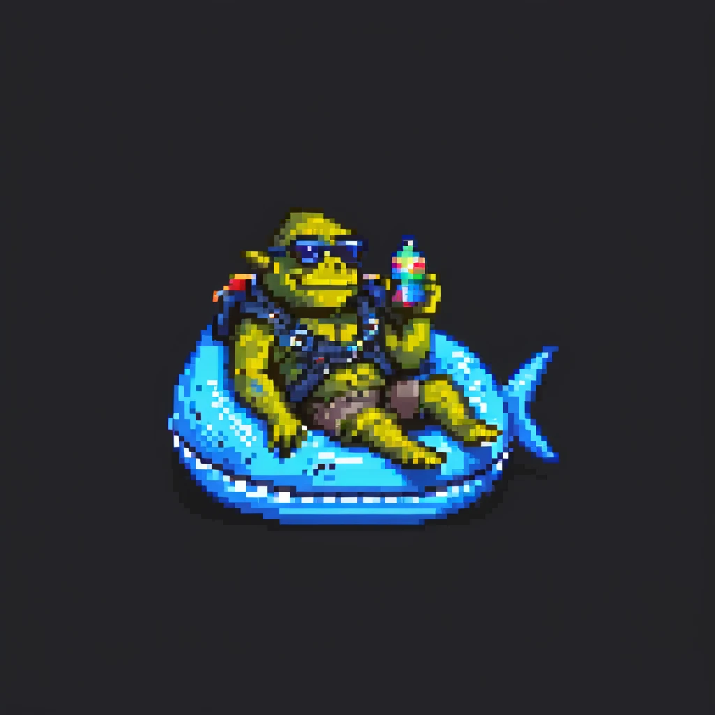 orc male lounging in a shark floatie, oversized sunglasses, whistle on neck cord, pixel art style emoji