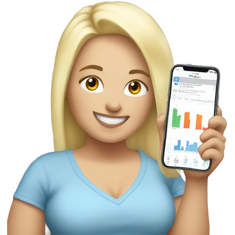 overweight blondie woman happy with a smartphone in hands showing charts emoji