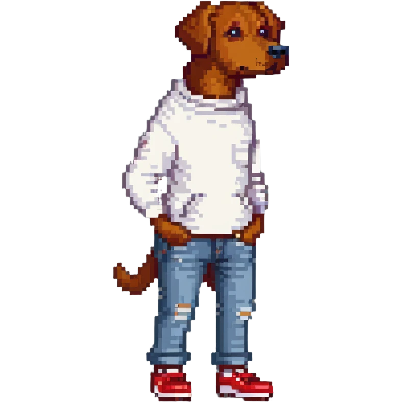 Brown dog standing upright with hands in jean pockets, wearing a white sweater and red shoes emoji