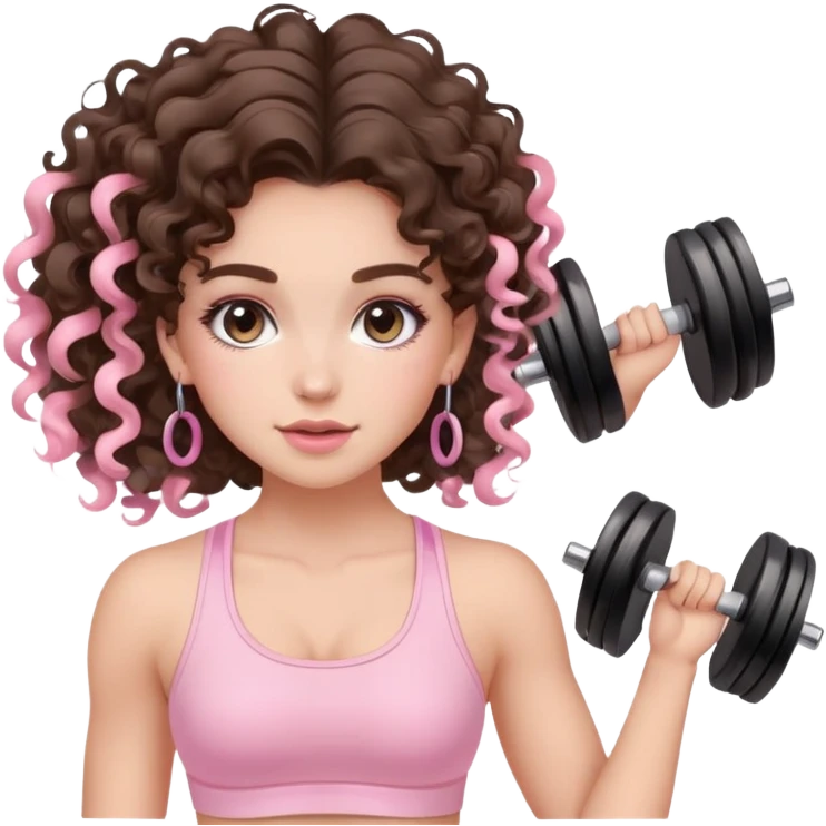 cute balayage brunette long hair curly/wavy haired girl, hoop earrings, clean girl makeup DOING EXERCISE with weights with a cute pastel pink set emoji