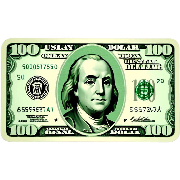 3D realistic US 100 dollar bill sticker, slight perspective, centered, clean cutout, transparent background, no text, no watermark emoji