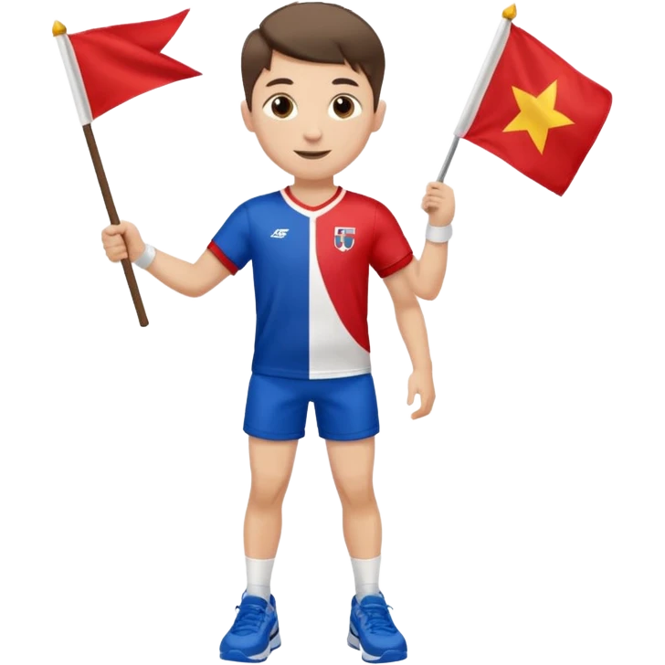 A boy in a jersey, excitedly lifting a small handheld flag and shorts with simple sport shoes emoji